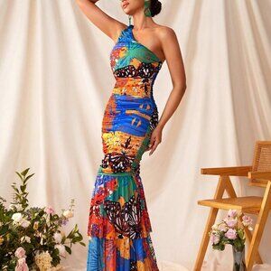 Multicolor Elegant Women's Sexy Sheer Mesh Printed One Shoulder Sleeveless Dress